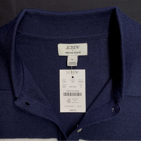J CREW Striped Merino Wool Blend Collared Fine Knit Sweater SMALL Navy Blue NWT - Picture 3 of 8